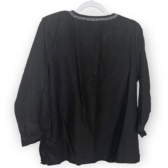 Susan Graver Style Embroidered Blouse Top Women's Medium Black Linen Blend Boho - Picture 2 of 7